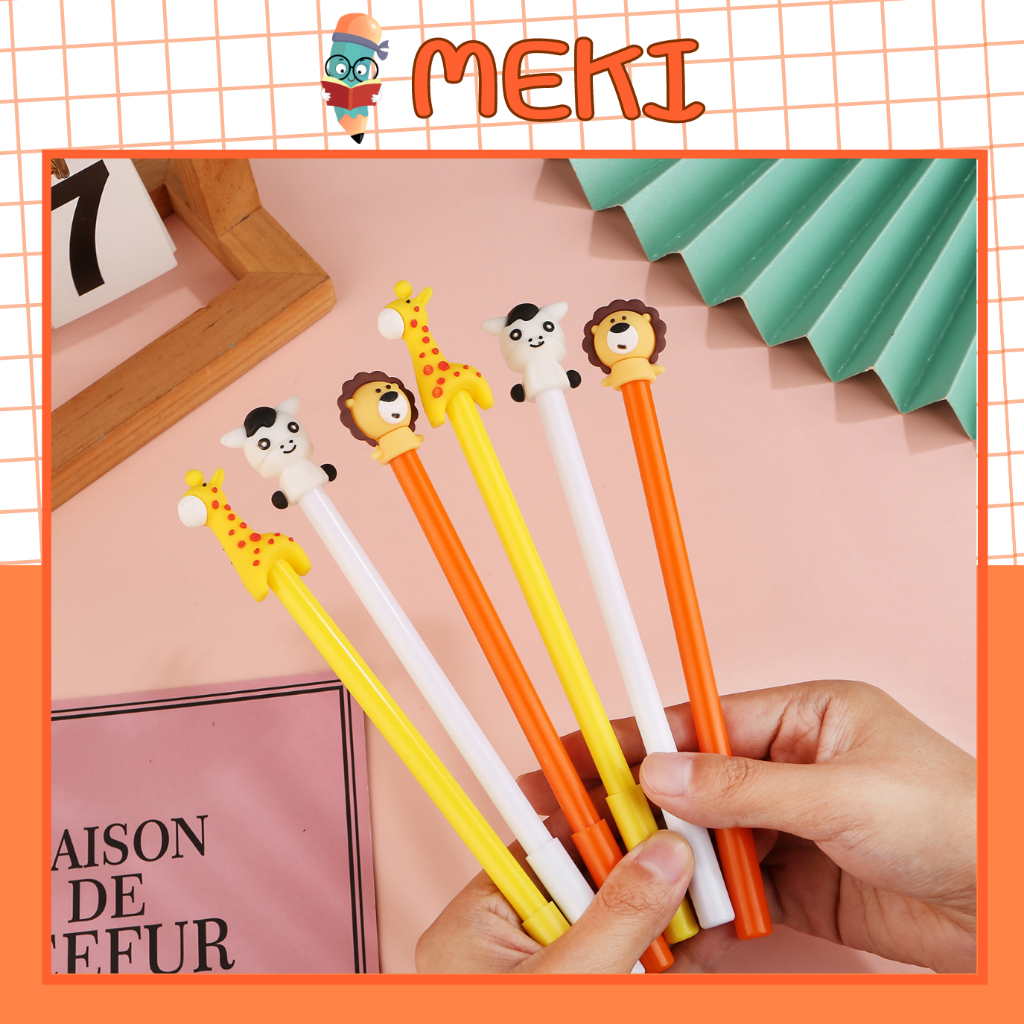 Bút Bi Gel Ngòi 0.5mm MEKI Mực Đen Hình Hươu Cao Cổ, Sư Tử, Bò Sữa, Con Thú Đáng Yêu