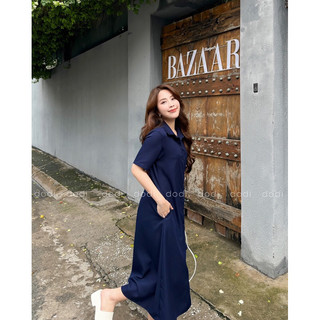 Đầm sơ mi công sở tay ngắn xanh đen