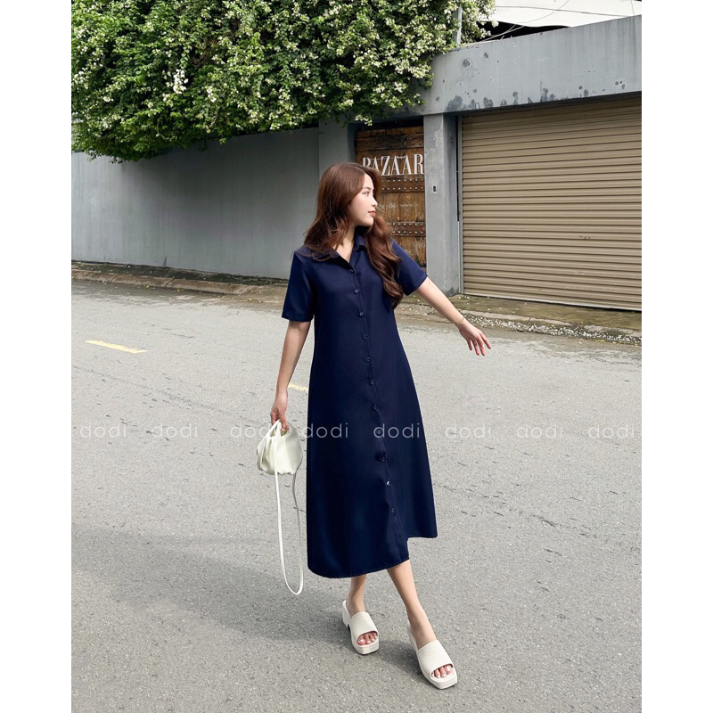 Đầm sơ mi công sở tay ngắn xanh đen