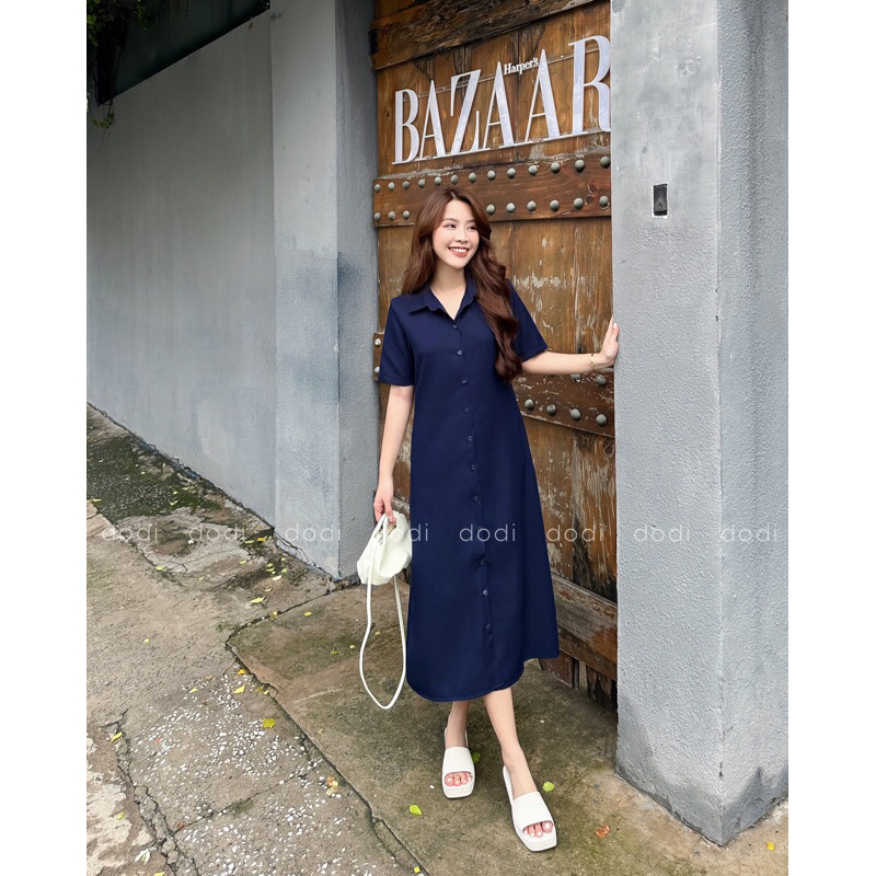 Đầm sơ mi công sở tay ngắn xanh đen