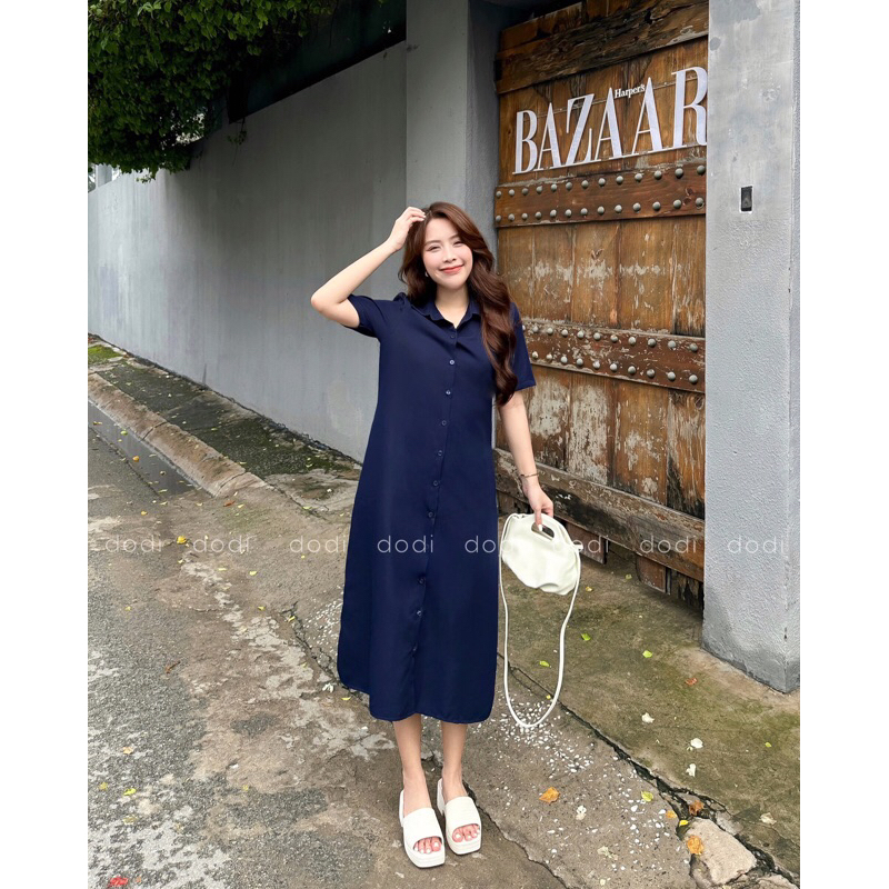 Đầm sơ mi công sở tay ngắn xanh đen