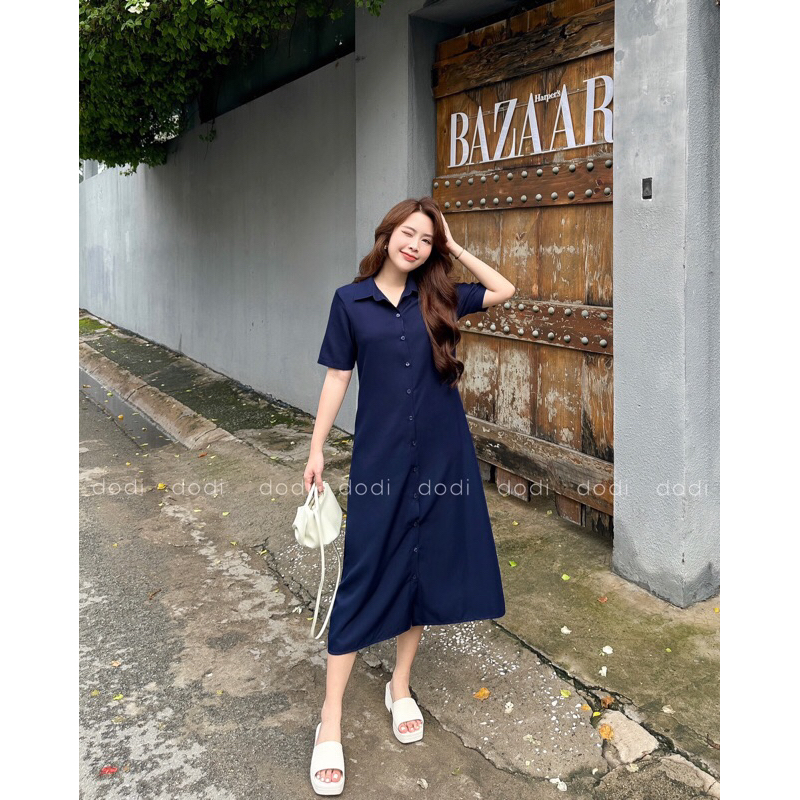 Đầm sơ mi công sở tay ngắn xanh đen