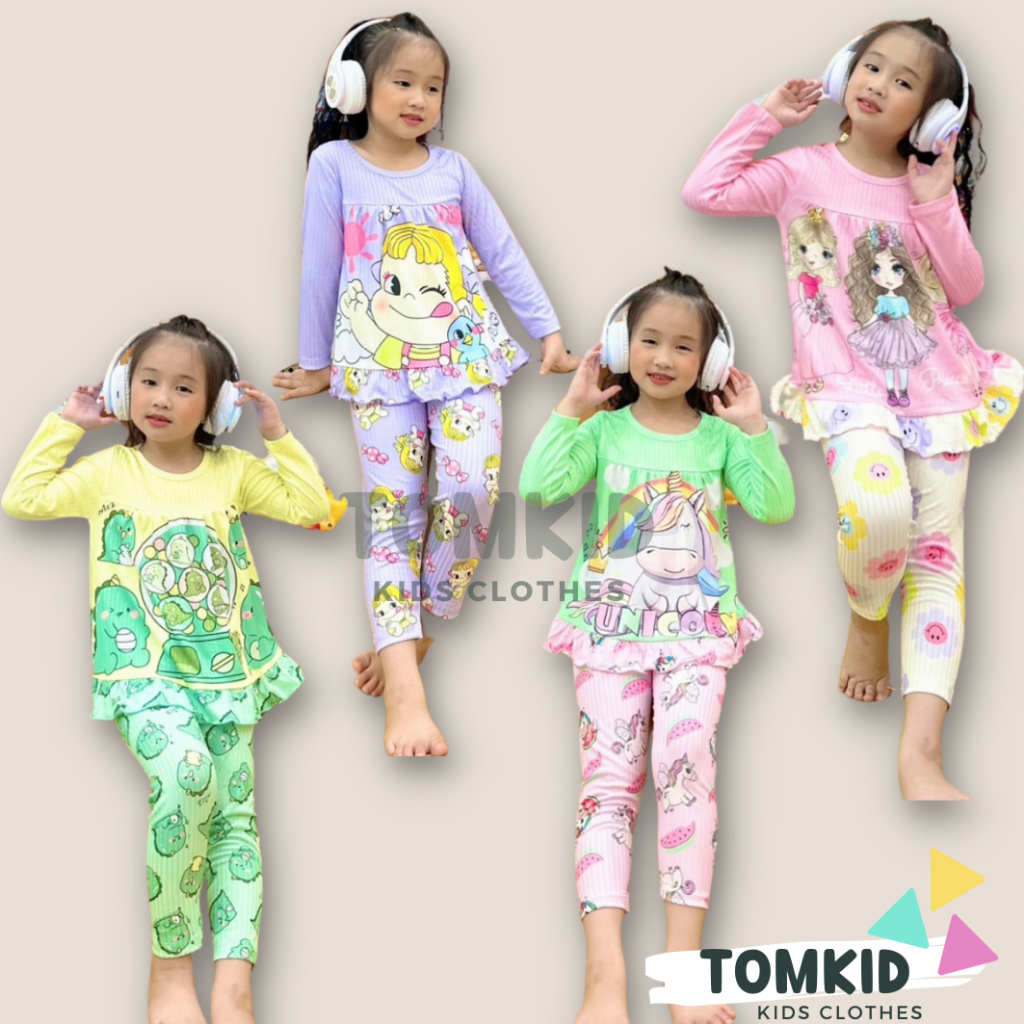 Đồ ngủ cho bé gái, đồ bộ dài tay BabyDoll bé gái chất thun lạnh gân chính phẩm mềm mịn không nhão vải 10-40kg Tomkids