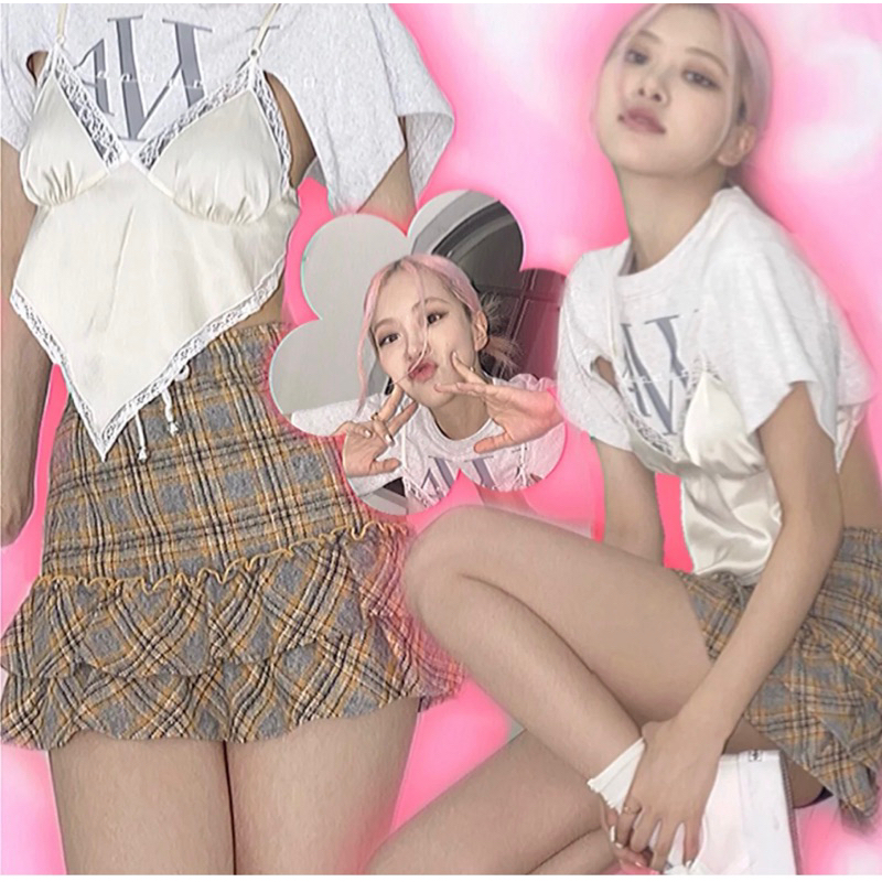 Áo thun phối 2 dây hở lưng ROSÉ BLACK PINK+ chân váy xếp ly caro phong cách ulzzang