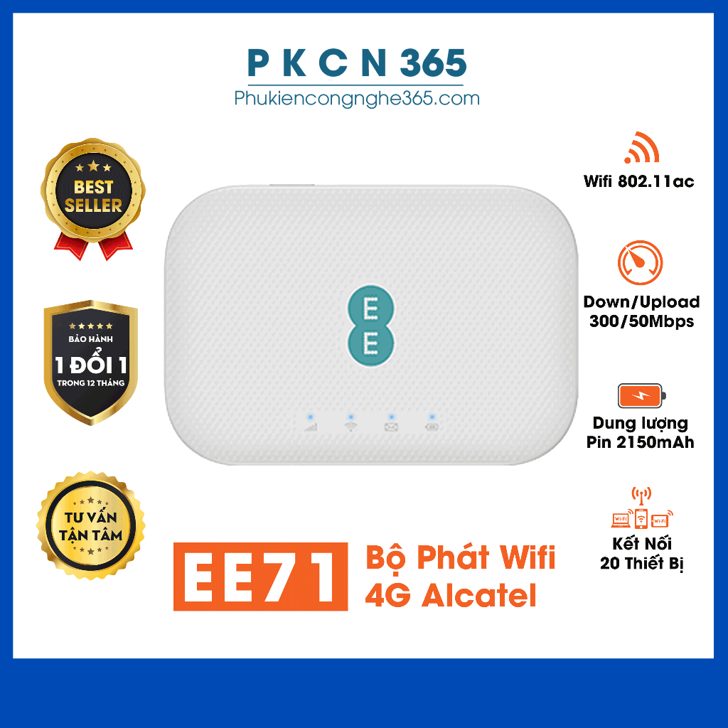 Bộ Phát Wifi 4G Alcatel EE71, Tốc Độ 4G 300Mbps, Pin 2150mAh, Wifi 802.11ac Hỗ Trợ 20 Kết Nối