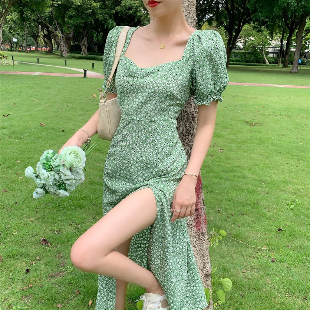 Váy Nữ Hoa Xẻ Tà Cổ Tim Tay Phồng, Đầm Nữ Maxi Tiểu Thư Body Sexy, Dáng Dài, Sang Chảnh, Dự Tiệc, Đi Chơi, Đi Biển