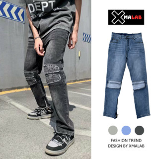 Quần jean skinny zipper nam XMALAB quần bò dáng suông vá gối kéo khóa zip co giãn tốt B038