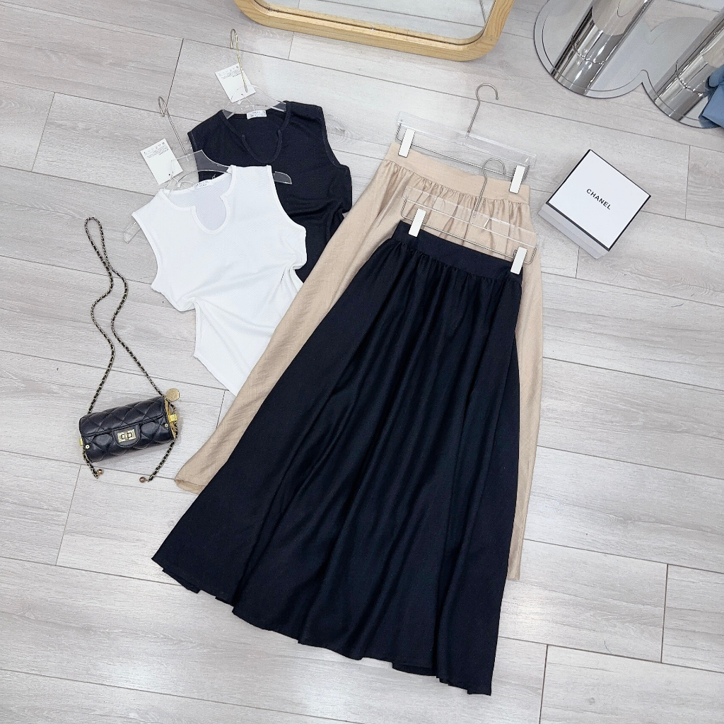 SET ÁO LEN TĂM BODY CỔ V NHỎ MIX CHÂN VÁY ĐŨI XƯỚC 2 MÀU