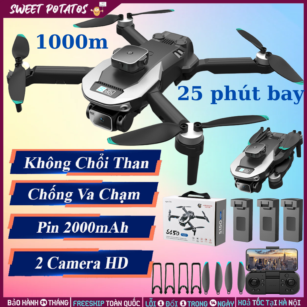 PIycam điều khiển từ xa S150 - FIycam mini giá rẻ động cơ không chổi than, cảm biến chống va chạm, pin 2500mAh bay 20p