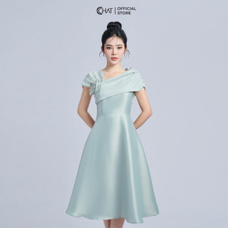 Đầm Nữ Phối Voan Tay Lệch Dáng Xòe Chất Tafta Cao Cấp 22VNB8017XT