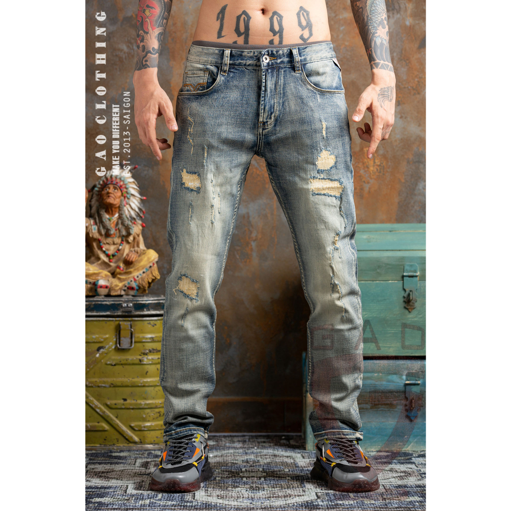 Quần jean Nam Nhập Khẩu, Mã Số QJ585, Wash Rách Bụi, Form Slim, Cotton Co Giãn