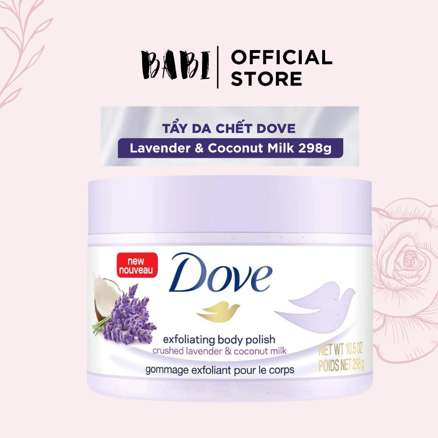 Tẩy Da Chết Dove Toàn Thân Sạch Sâu Hạt Nhuyễn Mịn Lavender Coconut Milk Sữa Dừa Oải Hương 298g