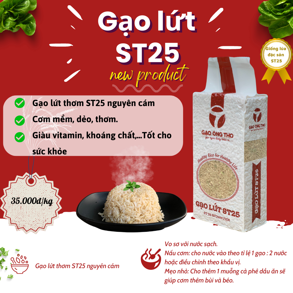 (Sản Phẩm Mới) Gạo Lứt ST25 - Thương hiệu Gạo Ông Thọ - Cơm mềm, tơi, dẻo, thơm và bùi - Túi hút chân không định hình