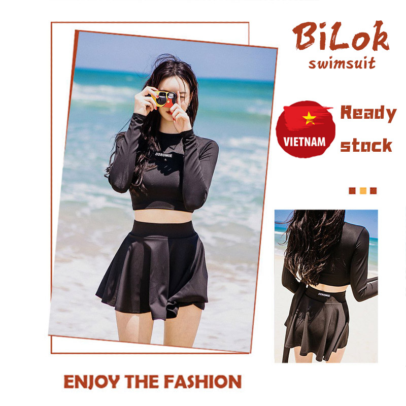 【Usea】Đồ Bơi Nữ 2 Mảnh Áo Croptop Tay Dài Váy Xòe Màu Đen Trơn Kích Thước Lớn Dành Cho Bạn Nữ