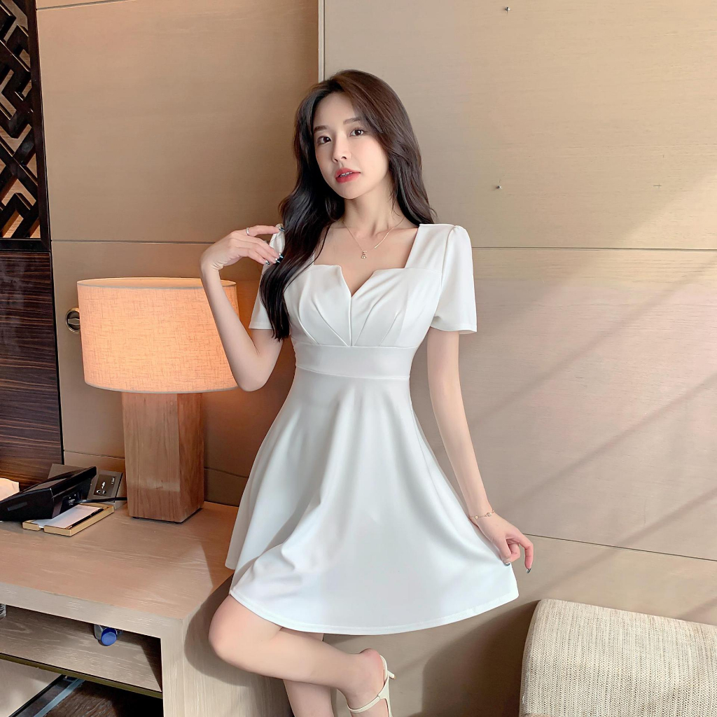 Váy Nữ Ngắn Tay Tiểu Thư Cổ Tim Lộ Ngực Quyễn Rũ, Đầm Nữ Body Công Sở, Dáng Dài, Sang Chảnh, Siêu Xinh, Dự Tiệc, Đi Chơi