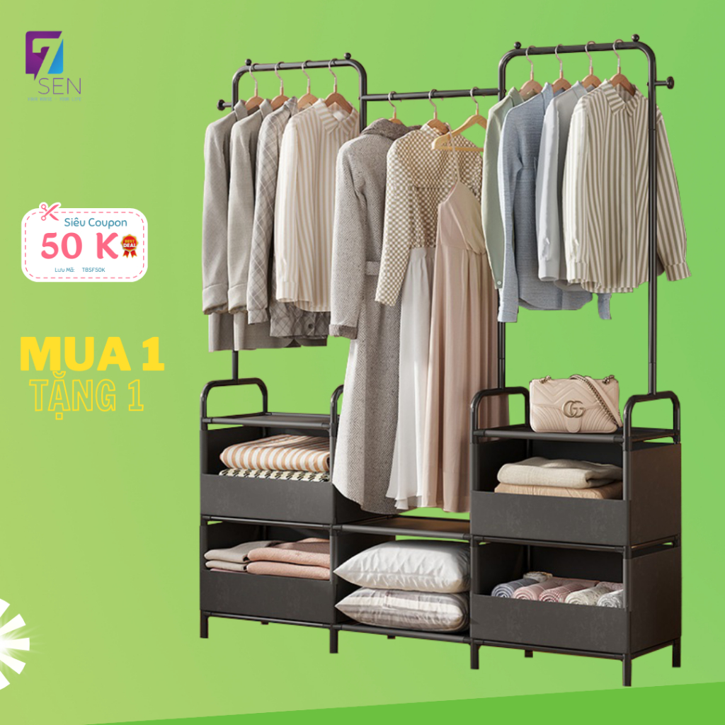 Giá treo quần áo 3 gian kết hợp ngăn chứa đồ thế hệ mới