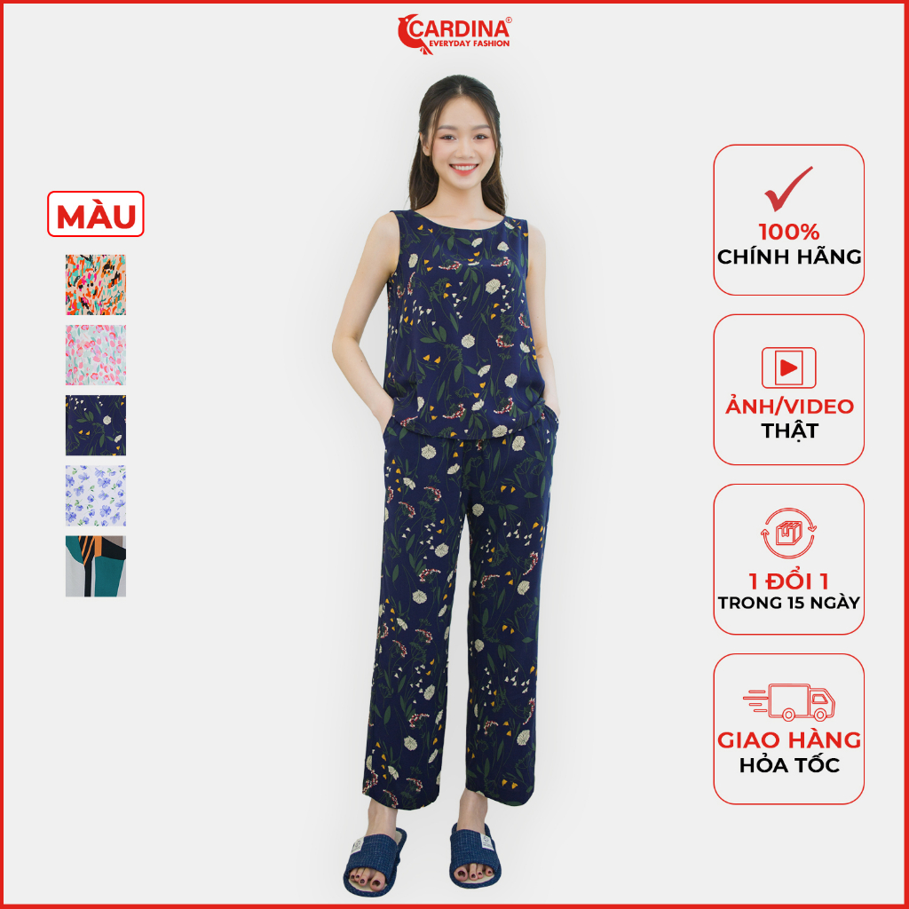 Đồ bộ nữ CARDINA chất lanh tre cao cấp áo sát nách cổ thuyền quần dài họa tiết 3LF10