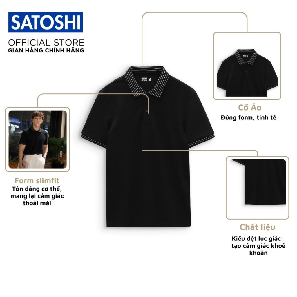 | Satoshi | Áo Polo STS Diamond Pique SAPL81 Đen Viền Cổ Sọc Trắng