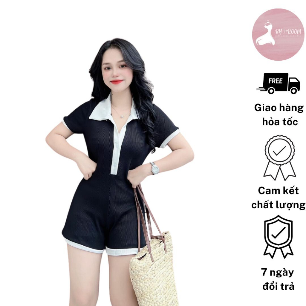 Jumpsuit Đồ Bay Ngắn Thun Đen Cổ Sơ Mi Suông Trơn Đi Biển Dạo Phố Đi Chơi Đi Tiệc 21Room