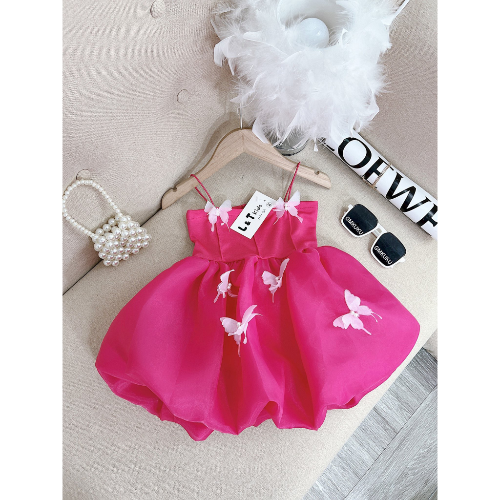 Váy bé gái đính bướm siêu xinh chất lụa mềm và ren 2 lớp bé mặc thoải mái tự tin từ 9 đến 37kg V315