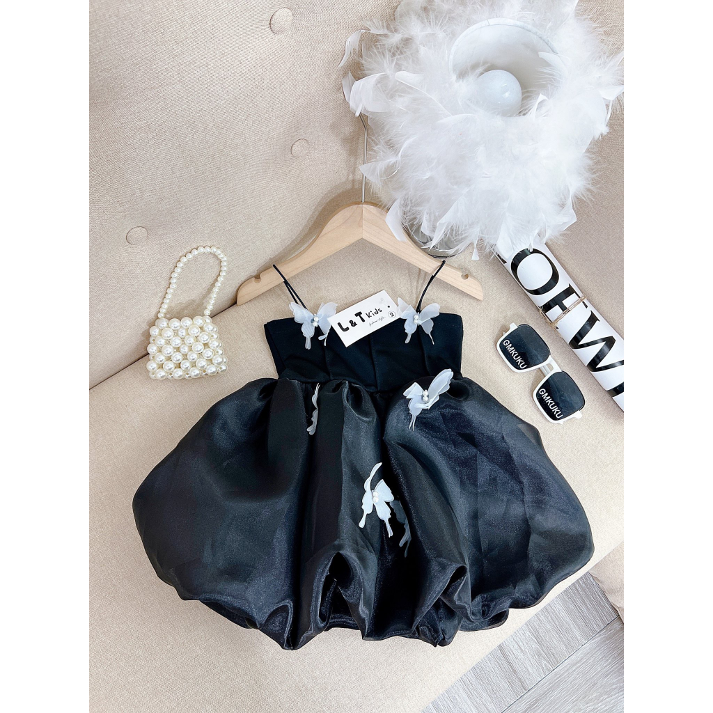 Váy bé gái đính bướm siêu xinh chất lụa mềm và ren 2 lớp bé mặc thoải mái tự tin từ 9 đến 37kg V315