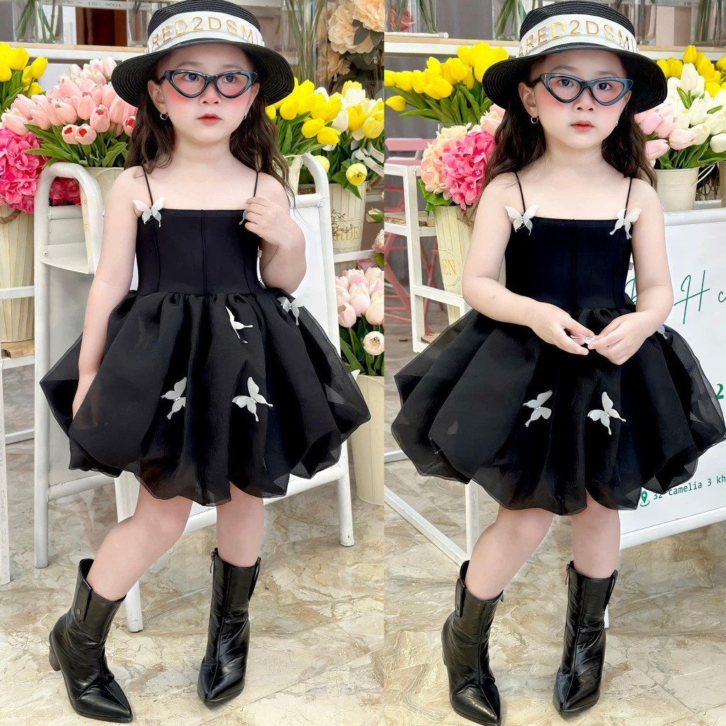 Váy bé gái đính bướm siêu xinh chất lụa mềm và ren 2 lớp bé mặc thoải mái tự tin từ 9 đến 37kg V315