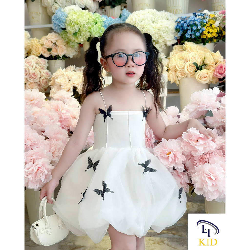 Váy bé gái đính bướm siêu xinh chất lụa mềm và ren 2 lớp bé mặc thoải mái tự tin từ 9 đến 37kg V315