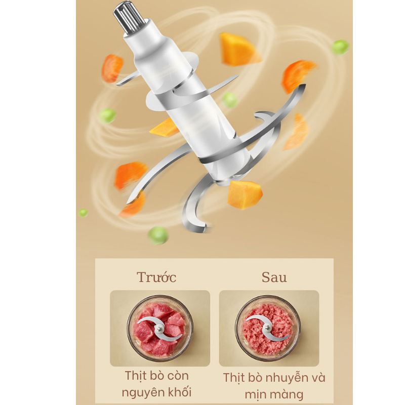 Máy xay ăn dặm cho bé 0.6L Bear QSJ-D02Q1, 200W,  đa năng xay sinh tố thịt rau củ quả chống ồn, Hàng Chính Hãng, BH 18T