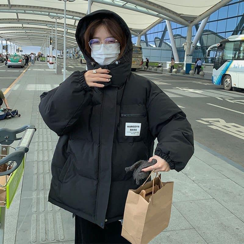 Áo khoác phao nữ có mũ Đen Be Xanh Hồng hàng QC