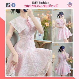 V3958 Váy xoè hoa nhí hồng cổ nơ tiểu thư váy đầm xoè ngắn nữ tính