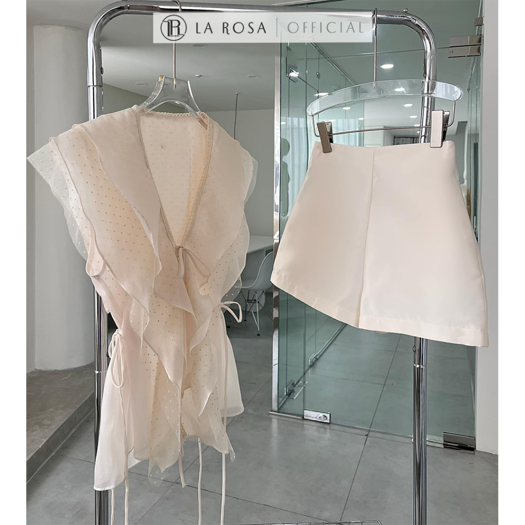 Set Áo Tơ Phối Ren Cổ V Quần Tafta Cao Cấp La Rosa Thiết Kế Tiểu Thư, Dây Buộc Thắt Eo Tôn Dáng Sang Trọng, Lịch Sự S329