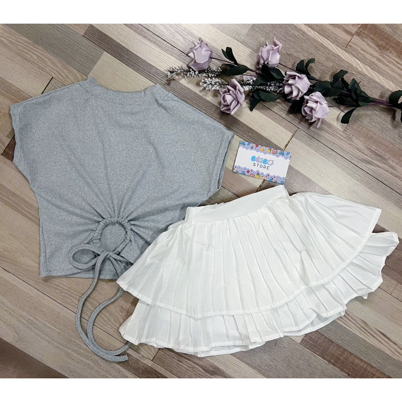 Bộ áo thun tăm cotton và chân váy dập ly xoè siêu đáng yêu phong cách hàn quốc cho bé gái dạo phố