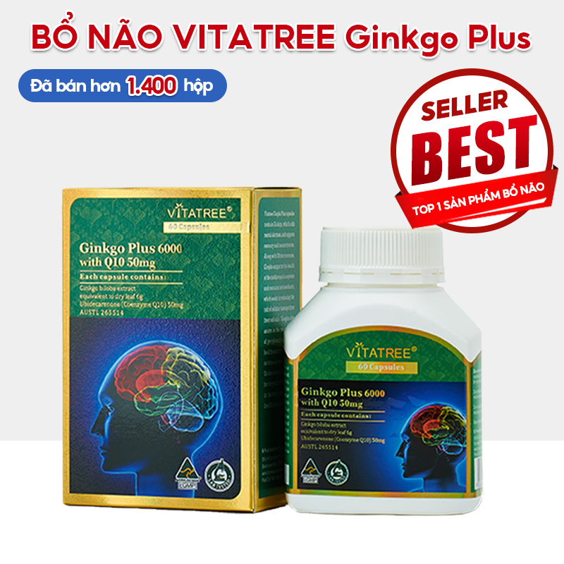 Viên uống bổ não Vitatree Ginkgo Plus 6000 With Q10 50mg 60 viên cải thiện trí nhớ