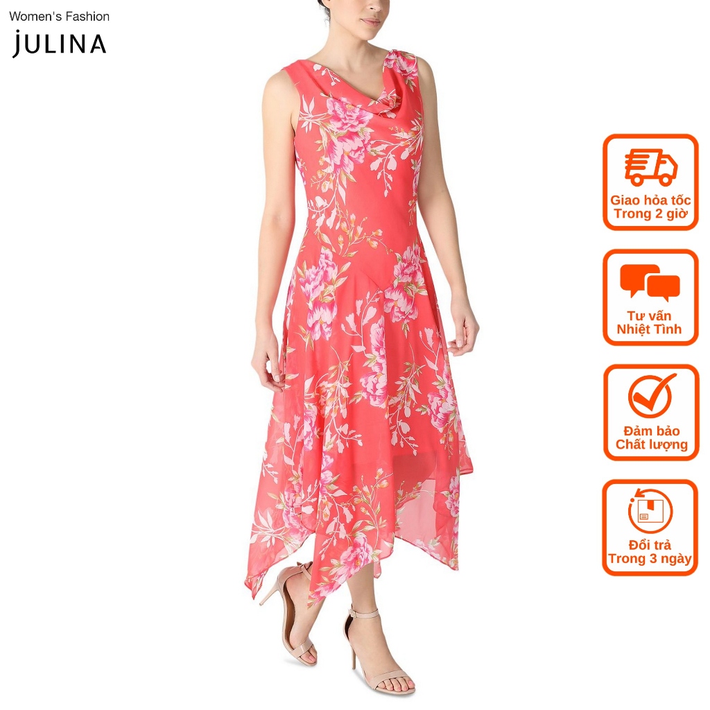 Đầm maxi voan hoa sát nách màu đỏ cam  jf882