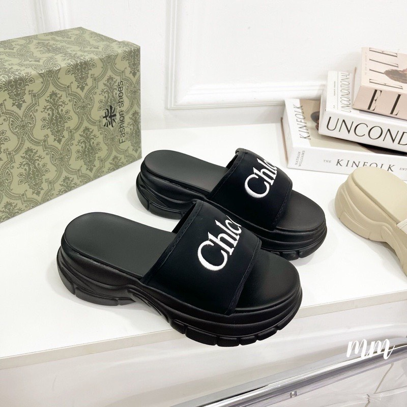 Dép quai ngang nữ đế xuồng siêu nhẹ quai da chữ thêu thời trang OO