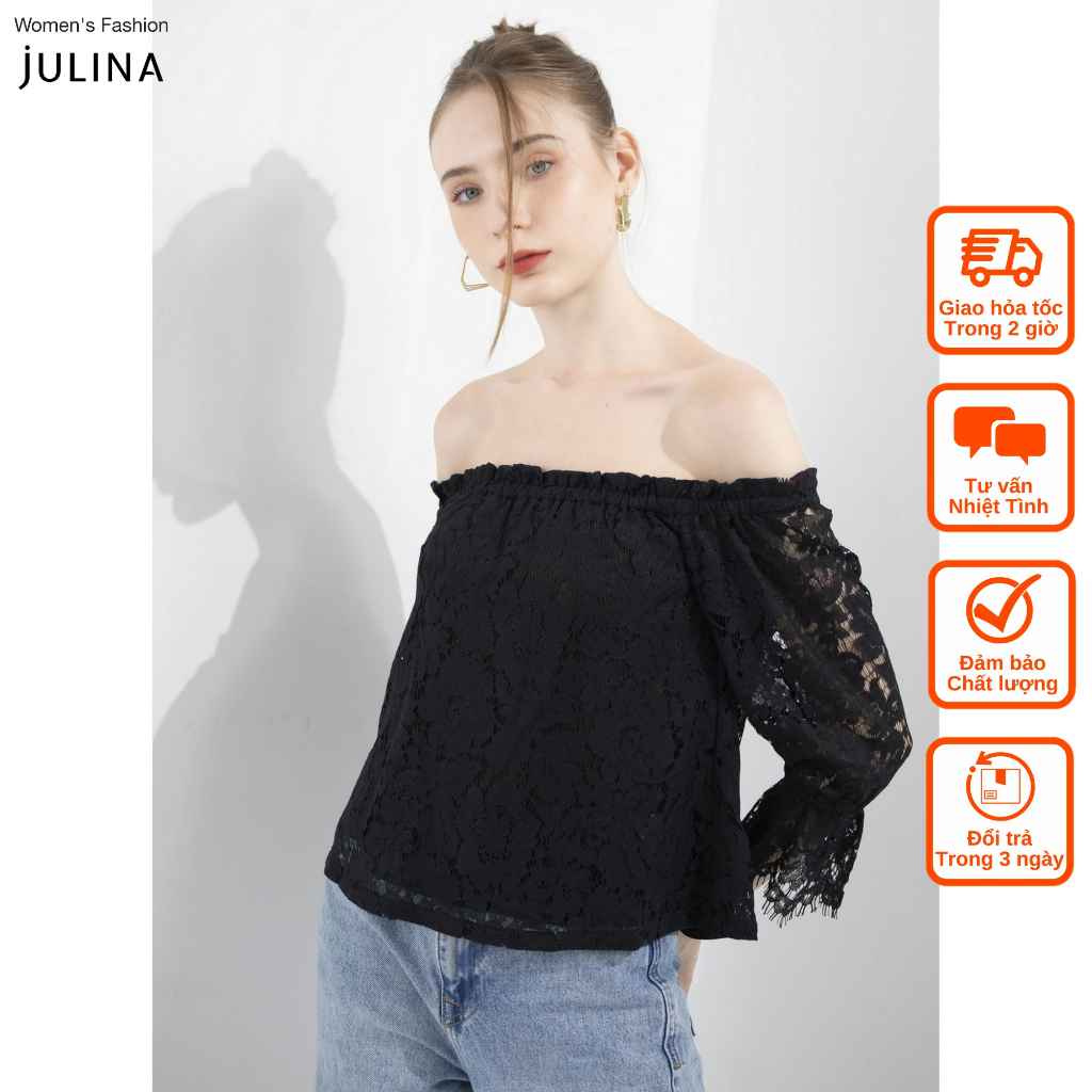 Áo trễ vai tay xòe vảu ren màu đen (có bigsize) jf861