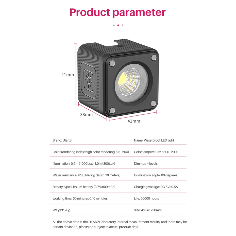 ULANZI L2  - Đèn LED Mini Chống Thấm Nước - Hàng Chính Hãng