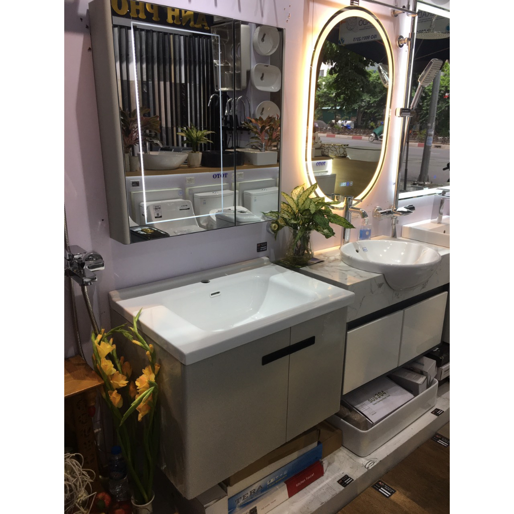 Bộ tủ lavabo, rửa mặt kèm gương hộp siêu nhẹ có đèn Led 237 . kích thước 60-70- 80 -100cm