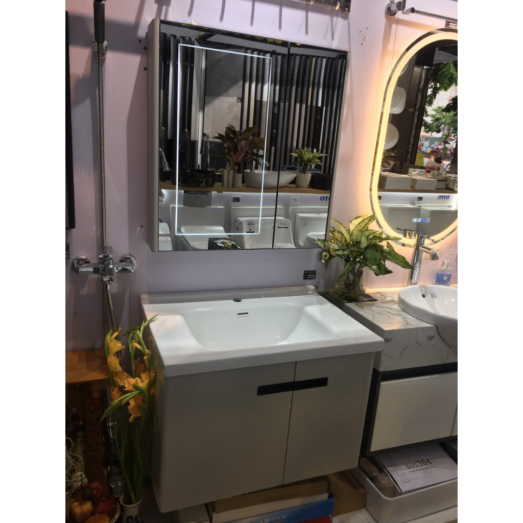 Bộ tủ lavabo, rửa mặt kèm gương hộp siêu nhẹ có đèn Led 237 . kích thước 60-70- 80 -100cm