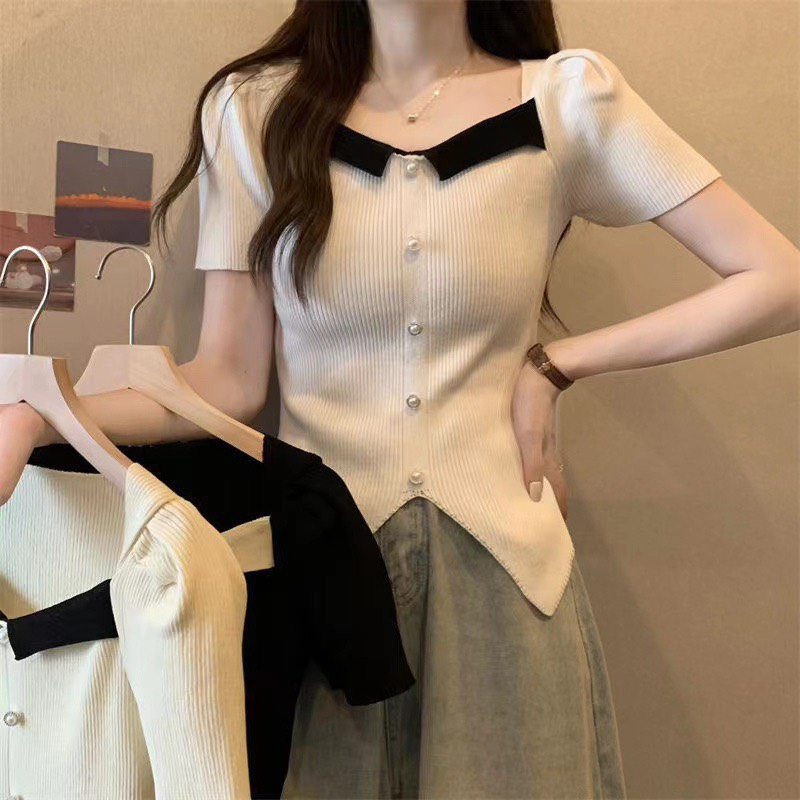 Áo Len Sweater Tay Ngắn Cổ Vuông Phong Cách Hàn Quốc - Retrostyle - Aolenphoico_P11K13