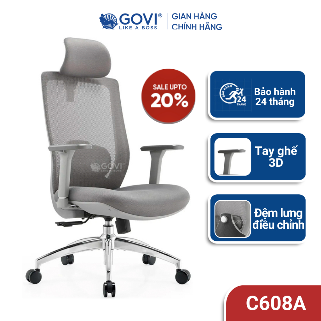 Ghế công thái học Ergonomic GOVI Como C608A - Tay ghế 3D, lưng ghế bằng vải lớp 2 lớp, có thể chỉnh ngả 90-135 độ