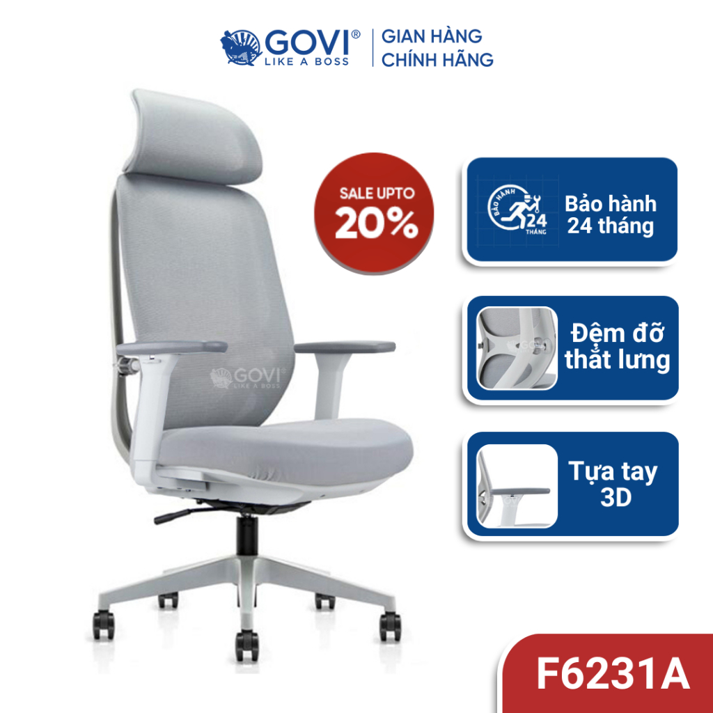 Ghế công thái học Ergonomic GOVI Felix 6231A -Tựa đầu điều chỉnh độ cao, tựa tay 3D nâng hạ, ngả 135 độ có khoá cố định