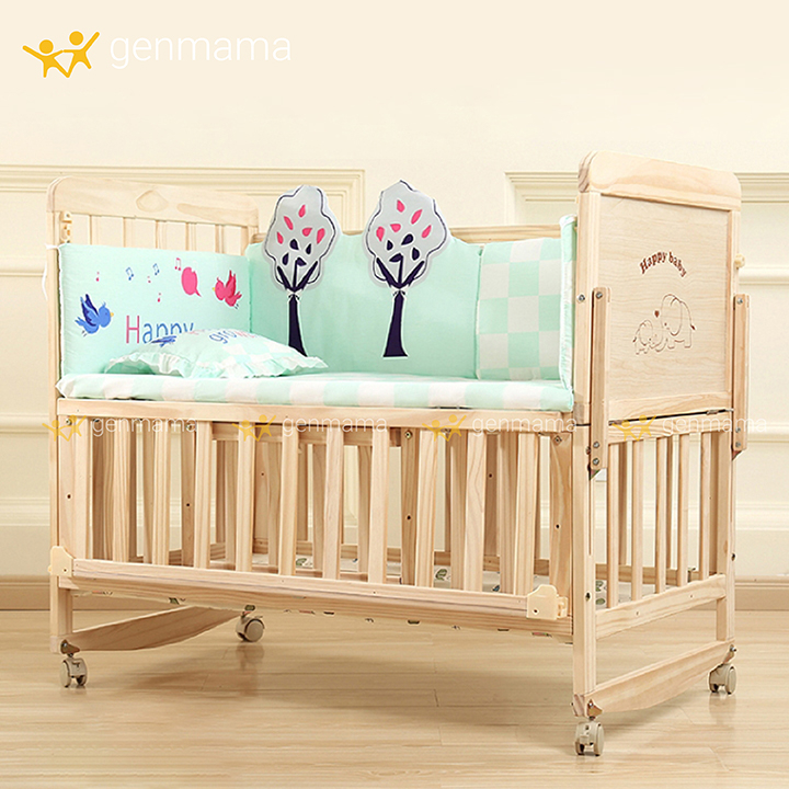 Cũi cho bé chung giường ba mẹ (Combo cũi + bộ quây Hoàng Gia 6 chi tiết), Cũi gỗ trẻ em 2 tầng có bánh xe Genmama