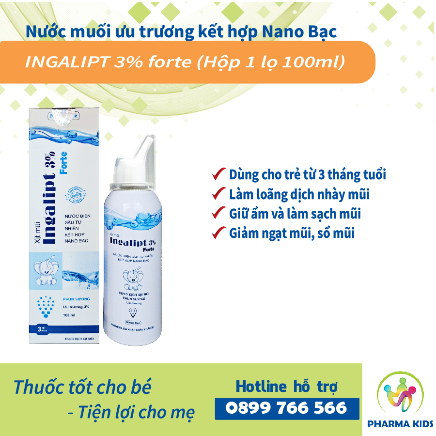 Ingalipt 3% forte - Nước muối ưu trương kết hợp Nano bạc