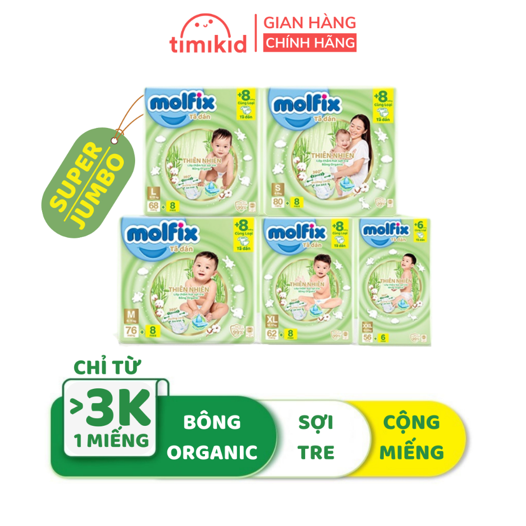 Tã/Bỉm Dán Molfix Super Jumbo S80/M76/L68/XL62/XXL56 Lớp Thấm Hút Sợi Tre Tự Nhiên Và Bông Organic