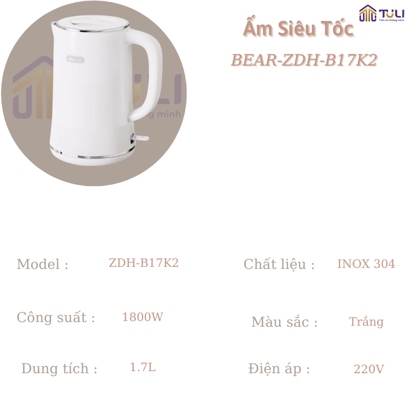Ấm siêu tốc 1.7L Bear ZDH D17K2, 1800W, bình đun nước lõi inox cao cấp công nghệ làm nóng nhanh, Hàng Chính Hãng, Bh 18T