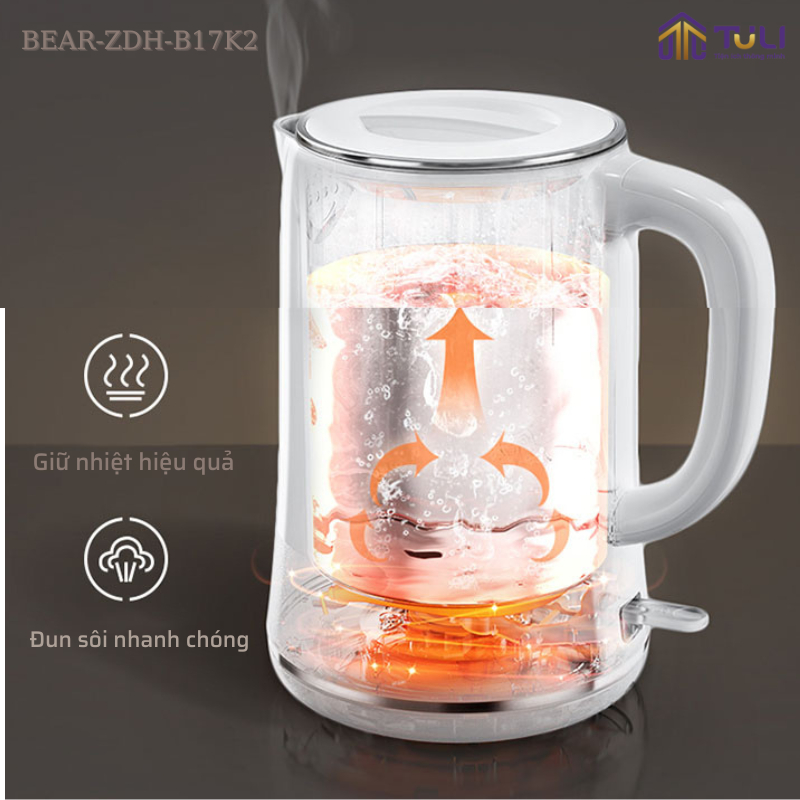 Ấm siêu tốc 1.7L Bear ZDH D17K2, 1800W, bình đun nước lõi inox cao cấp công nghệ làm nóng nhanh, Hàng Chính Hãng, Bh 18T