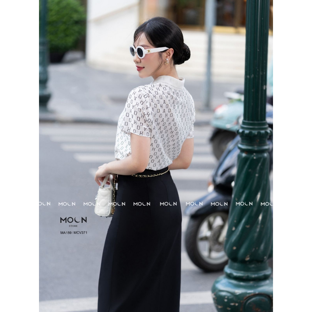 Áo sơ mi ngắn tay chân váy công sở 𝐌𝐎𝐎𝐍 áo sơ mi cổ đức chất boi họa tiết mix chân váy kaki lụa hàn MA189-MCV371