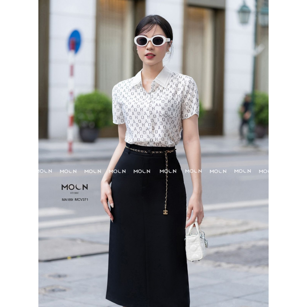 Áo sơ mi ngắn tay chân váy công sở 𝐌𝐎𝐎𝐍 áo sơ mi cổ đức chất boi họa tiết mix chân váy kaki lụa hàn MA189-MCV371