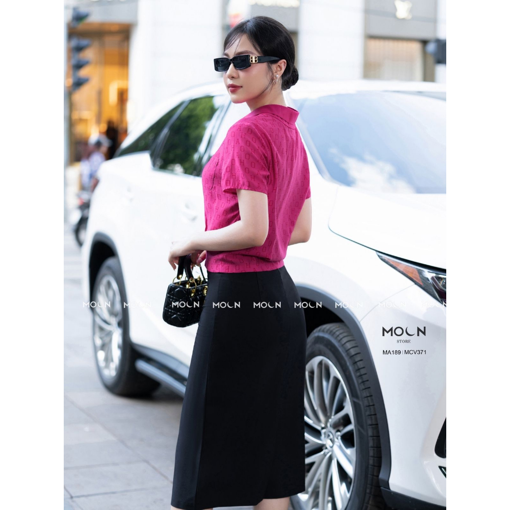 Áo sơ mi ngắn tay chân váy công sở 𝐌𝐎𝐎𝐍 áo sơ mi cổ đức chất boi họa tiết mix chân váy kaki lụa hàn MA189-MCV371